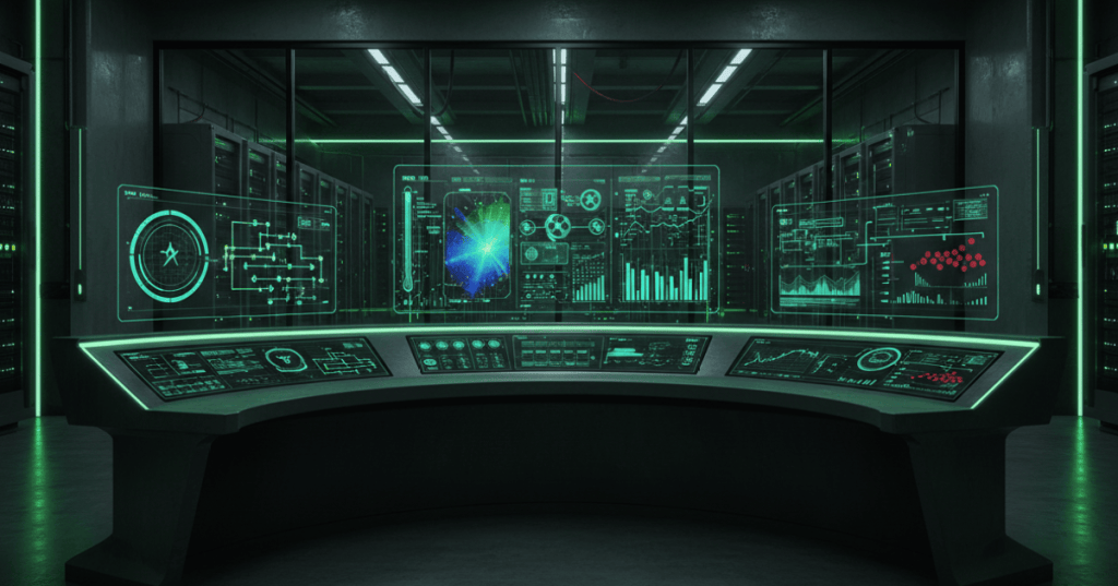 Data center control room with infrastructure monitoring dashboards, power and cooling telemetry, alarms and server racks in a dark neon-green technical scene.