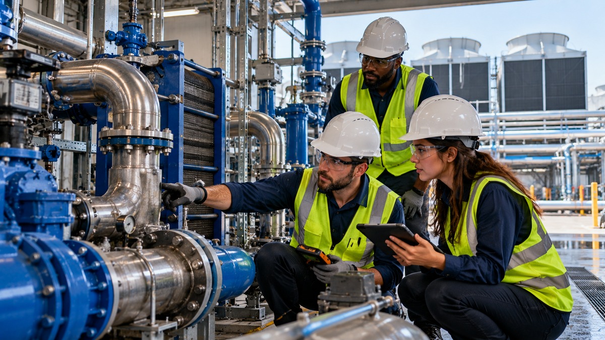 Three engineers inspecting cooling-water piping, valves, pumps, heat exchangers, and cooling equipment at a modern data center.