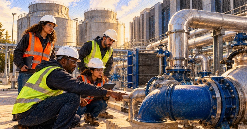 Engineers inspecting blue and stainless-steel cooling-water piping, pumps, heat exchangers, and cooling towers at a data center.