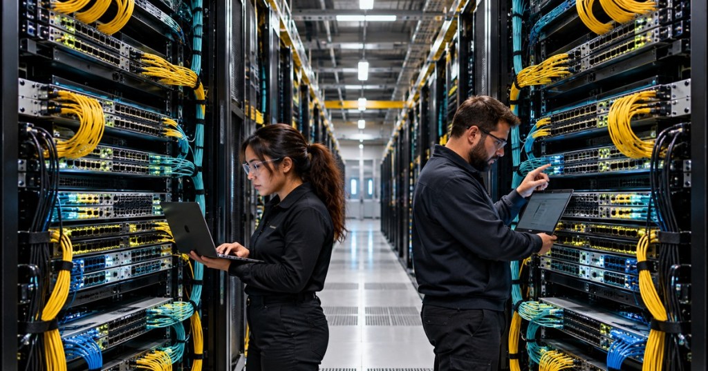 Data center network engineers validating a high-density leaf-spine fabric with fiber-connected switches and laptops