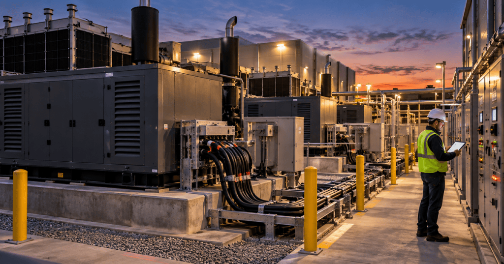 Data center standby generator plant with generator enclosures, switchgear, heavy cabling, and an engineer reviewing controls