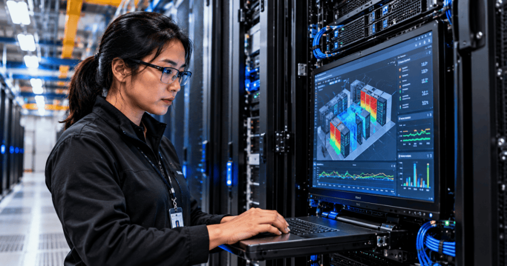 East Asian woman engineer monitoring thermal performance of data center server racks