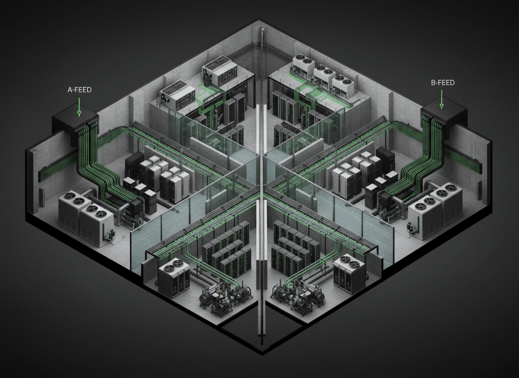 Redundant data center with separate A and B electrical paths, UPS systems, server racks, and paired cooling loops.