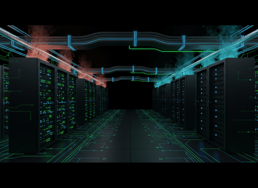 High-density data center with mixed rack densities, power and cooling infrastructure, and reserved capacity headroom shown without text.