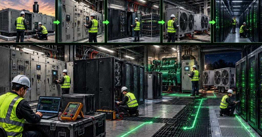 Data center engineers commissioning generators, switchgear, UPS systems, load banks, cooling equipment and server racks