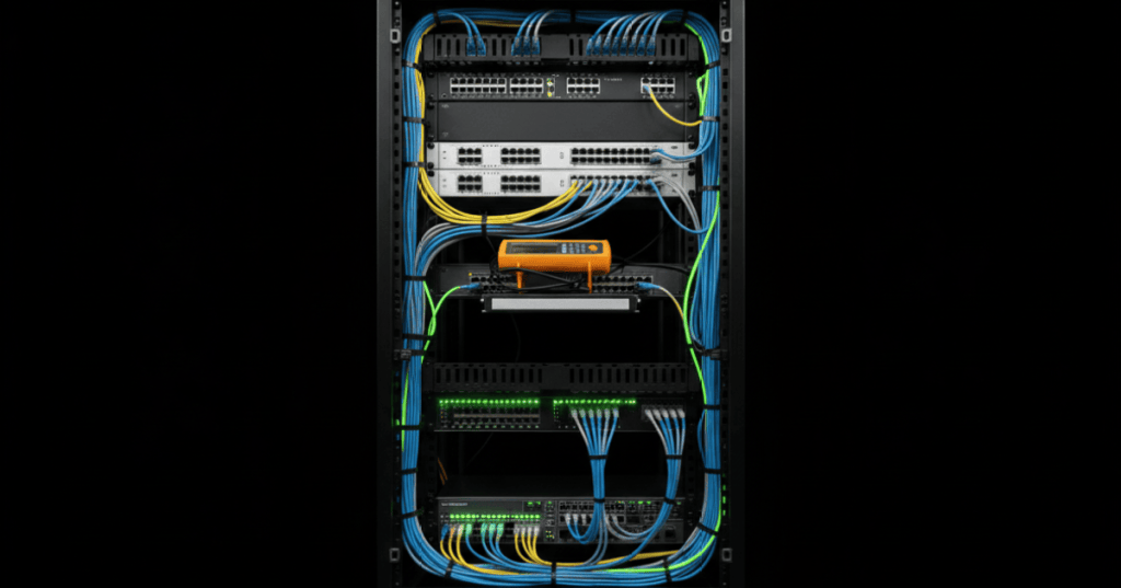 Data center rack with organized copper and fiber patch cabling, patch panels, cable managers, switch ports, and a network cable tester on a dark background.