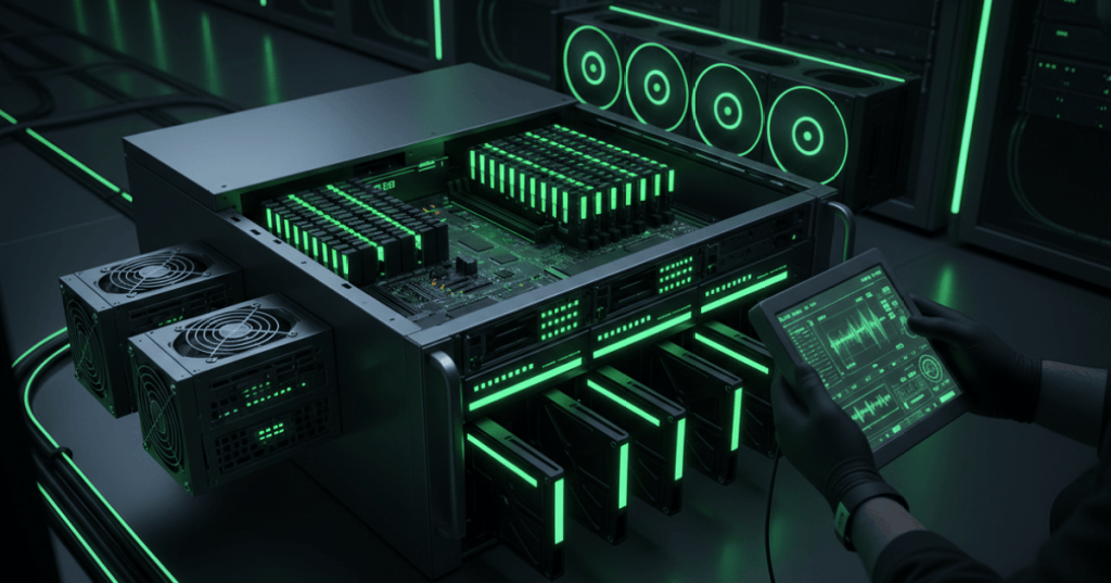 Open rack server with visible memory, drives, power supplies and status LEDs being diagnosed in a dark data center with neon-green accents.