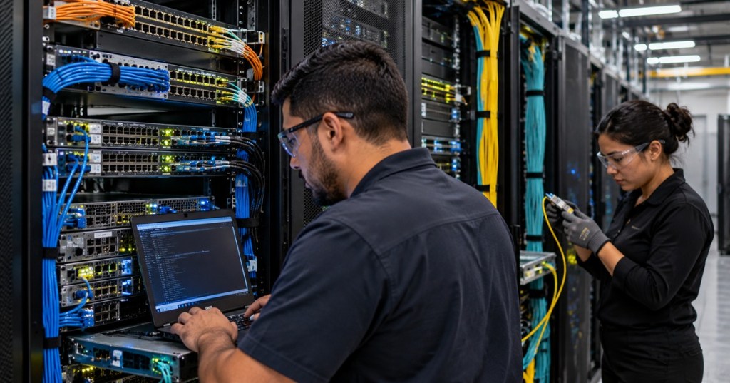 Data center technicians validating server network connectivity, fiber transceivers, rack cabling, and Linux network status