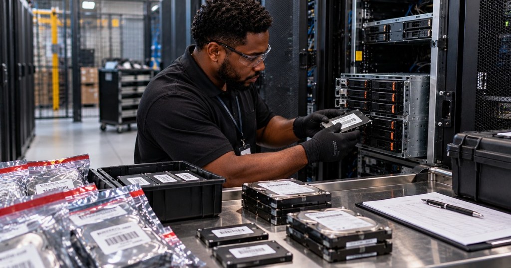 African American data center technician inventorying storage drives during secure server decommissioning