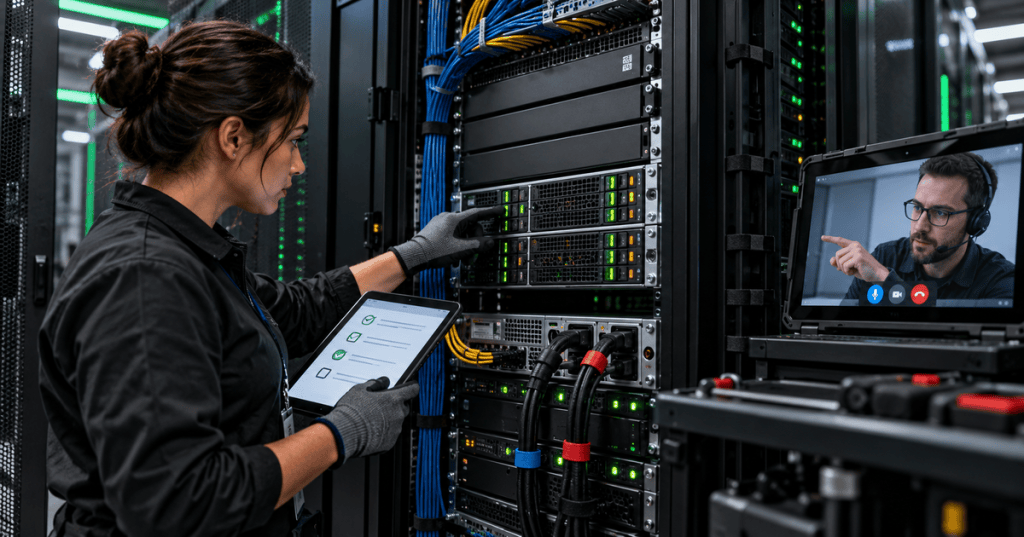 Data center technician performing an approved remote-hands task at a server rack while coordinating with a remote engineer