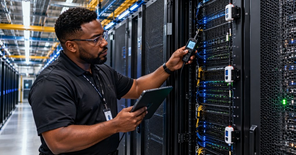 Photorealistic editorial artwork showing a Black male data center technician measuring rack inlet temperature in a detailed live server aisle, with tablet and sensor