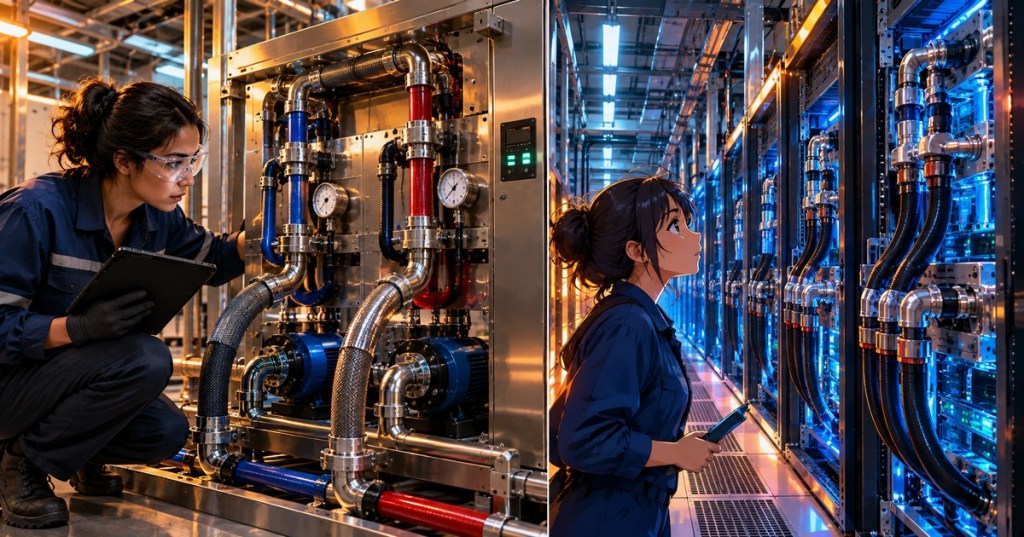Split-screen editorial artwork of technicians inspecting coolant distribution equipment and liquid-cooled server racks