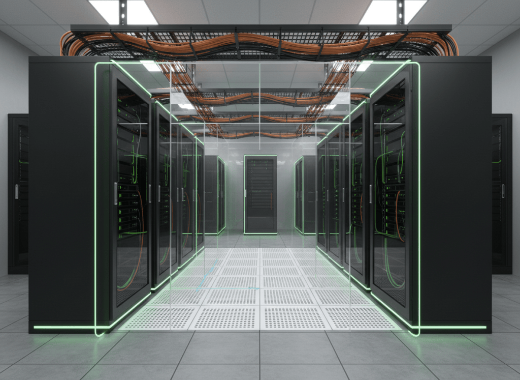 Modern data center aisle showing server racks, rack power distribution, overhead network cabling, and cooling airflow.