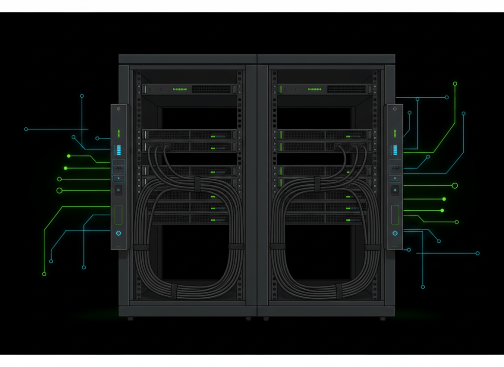 Server rack with dual vertical rack PDUs and separate redundant power feeds shown without text.