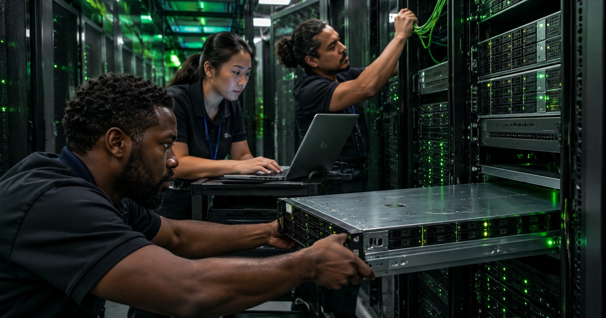 Data center team installing a rack server and configuring deployment cabling