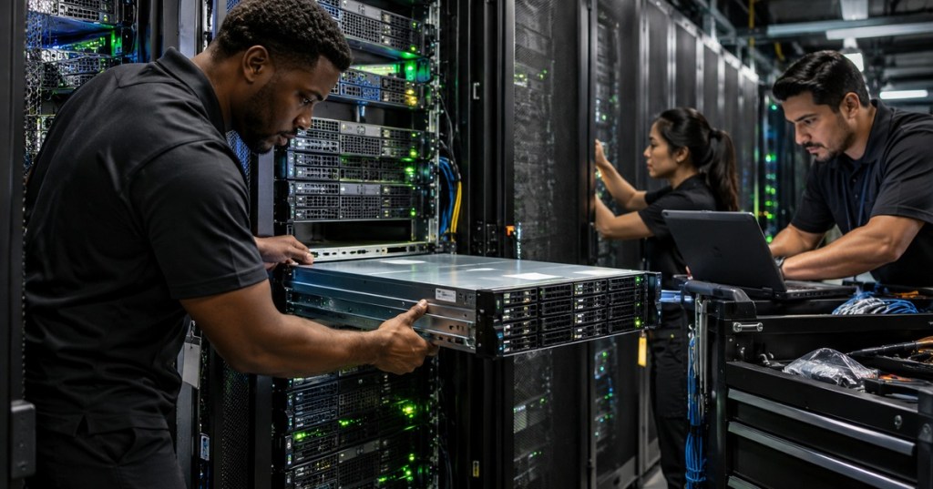 Data center technicians provisioning and installing rack servers