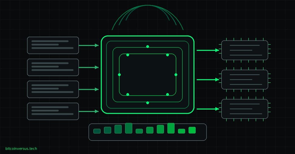 Dark technical diagram of code flowing through the .NET runtime toward CPU execution with managed memory elements