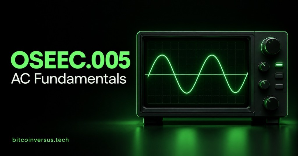 A single oscilloscope illustrates an alternating sine waveform on the black and neon-green OSEEC.005 AC Fundamentals cover.
