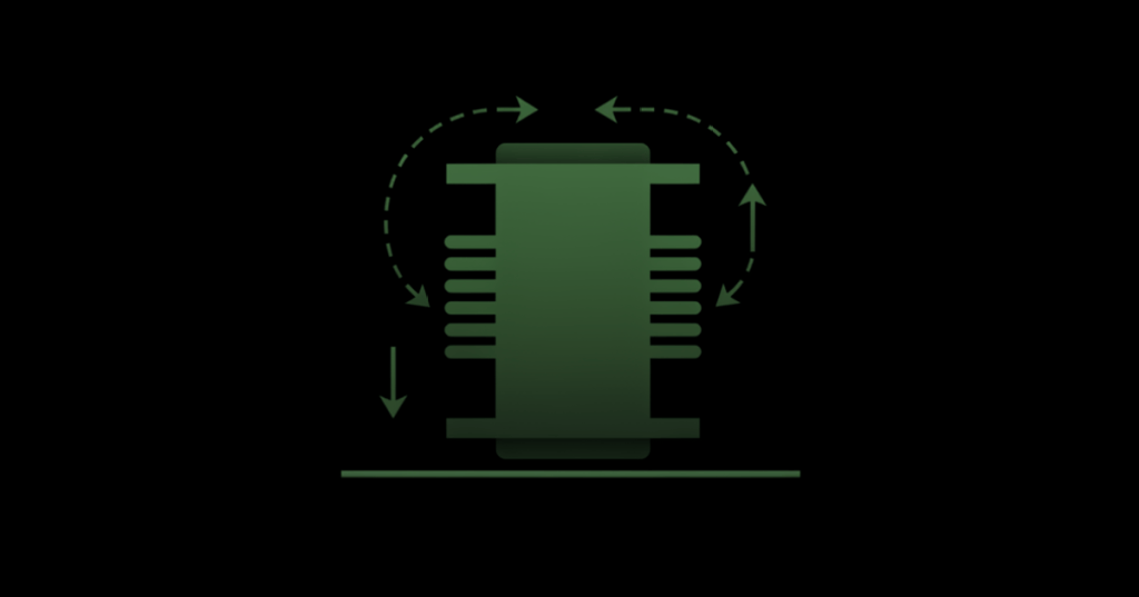 Minimal black and neon-green illustration of a transformer with primary and secondary windings and magnetic flux.