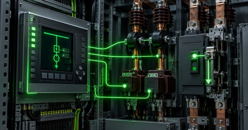 Dark switchgear cabinet with digital protective relay, current transformers, busbars, and circuit breaker highlighted in neon green