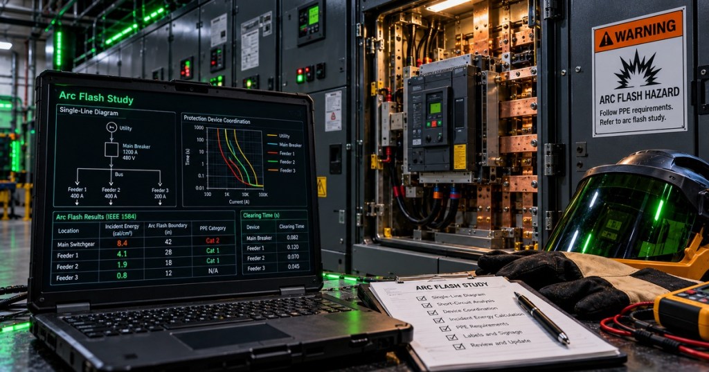 Photorealistic arc-flash engineering study workstation beside open electrical switchgear, showing protection coordination curves, incident energy results, clearing times, PPE, warning signage, and neon-green technical lighting.