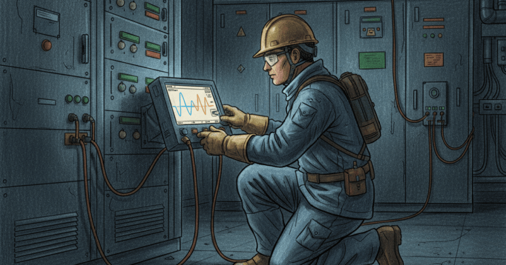 Colored-pencil illustration of an electrical engineer measuring three-phase power quality at switchgear with a power analyzer.