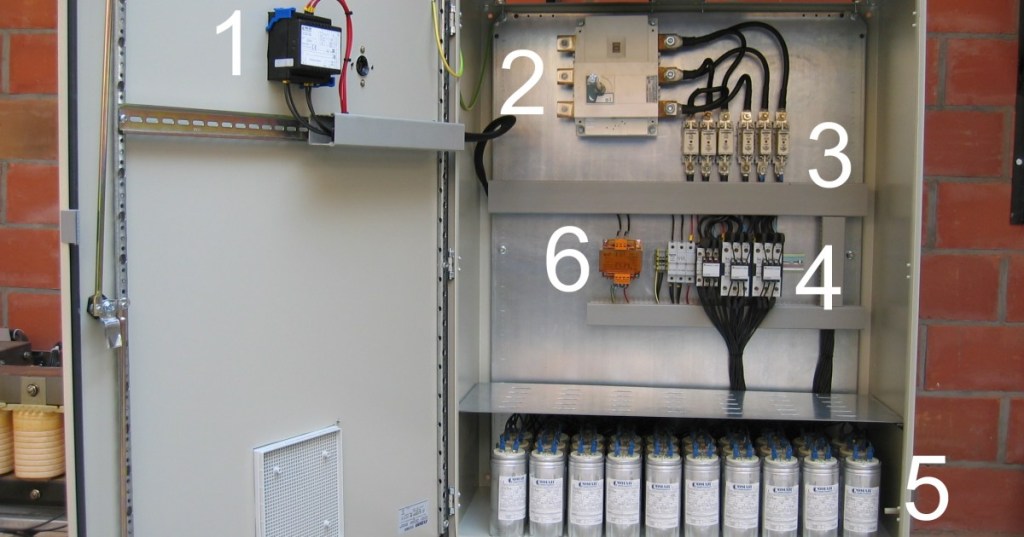 Automatic power factor correction capacitor bank showing its internal regulator, fuses, contactors, capacitors, and control transformer.