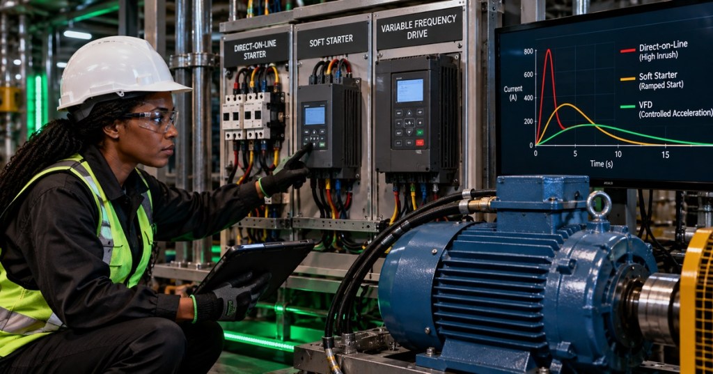 Black female electrical engineer commissioning motor-starting equipment beside a three-phase motor, with direct-on-line, soft starter, and VFD sections and a starting-current comparison display.