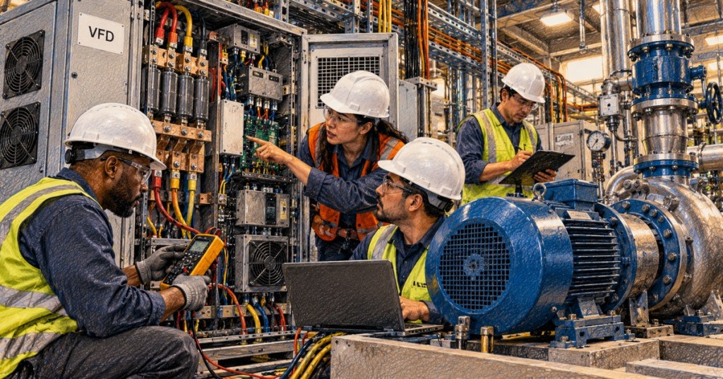 Diverse electrical engineering team commissioning a variable frequency drive cabinet beside an industrial motor and pump.