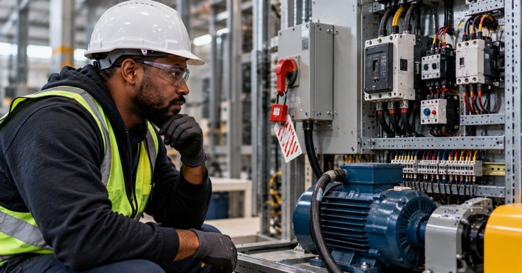 African American electrical engineer in PPE inspecting a motor control panel and three-phase motor during a lockout-tagout training setup