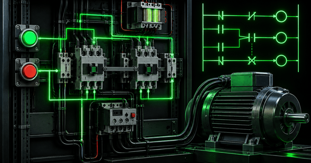 Industrial motor control cabinet with contactors, interlocks, ladder logic, and a three-phase motor