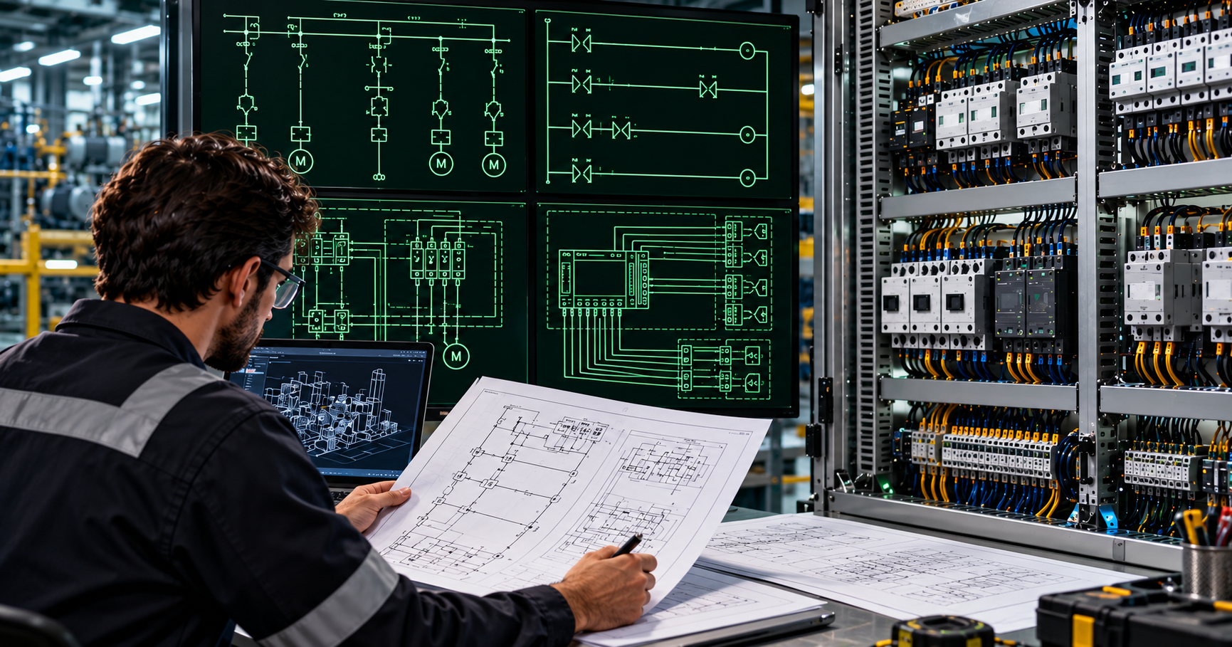 Technical illustration of electrical control drawings and circuit schematic documentation