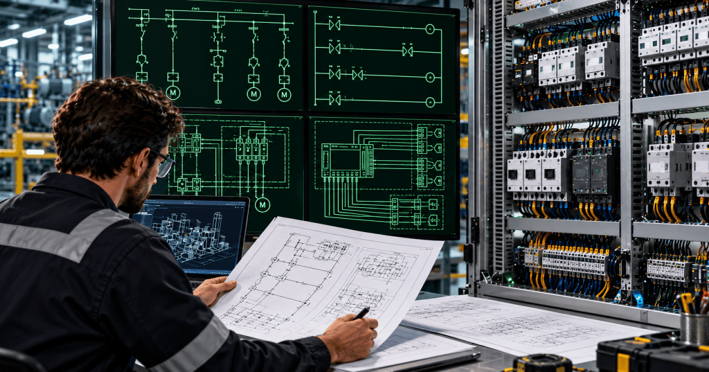 Electrical engineer reviewing schematics beside a live industrial control cabinet and ladder-diagram displays.