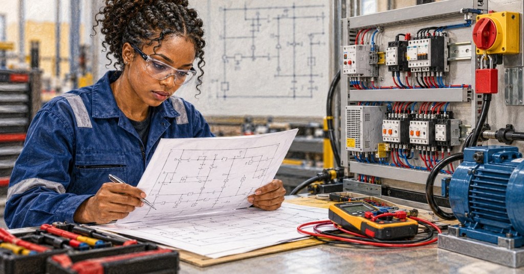 Colored-pencil editorial illustration of a technician studying an electrical ladder diagram beside an industrial control cabinet and multimeter in a training workshop