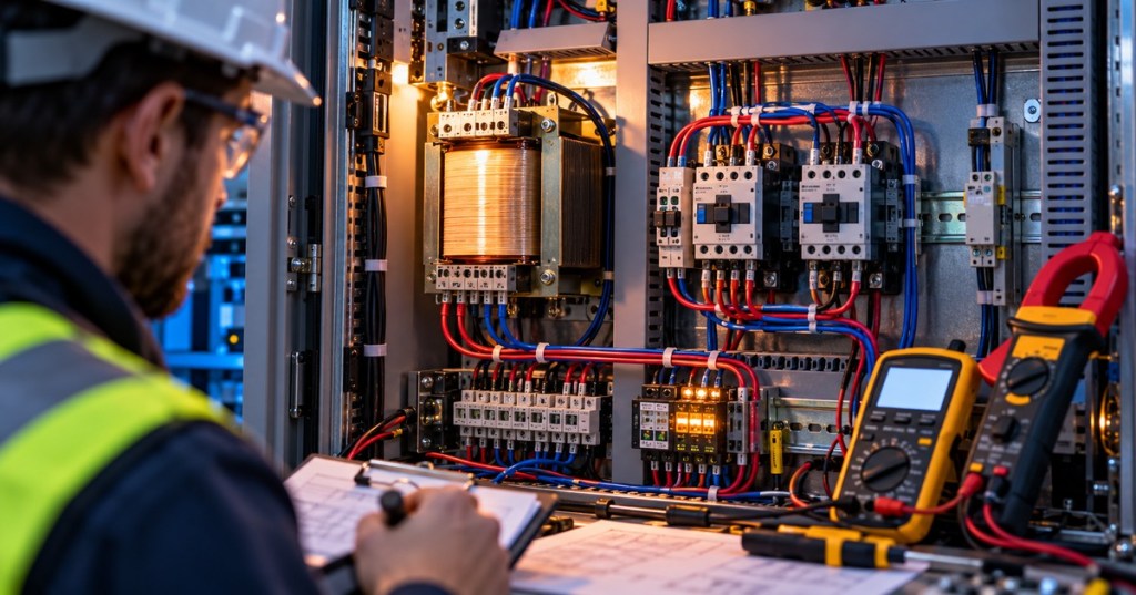 Industrial electrical control panel with copper-wound control transformer, relays and contactors as a technician examines the equipment