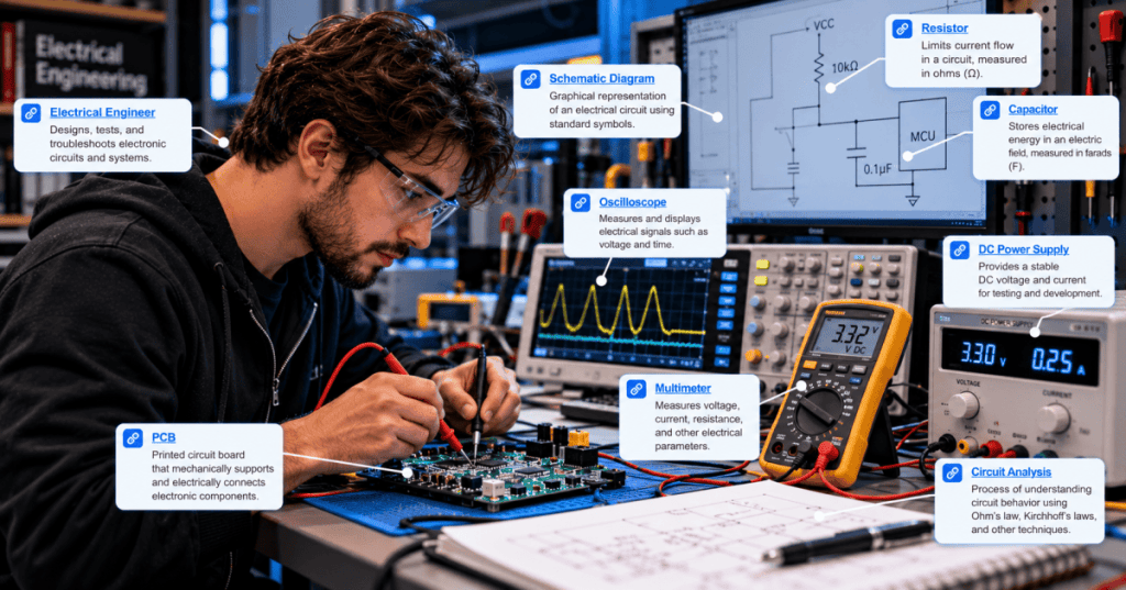 Male electrical engineer using an oscilloscope and multimeter to study transient behavior in a control circuit