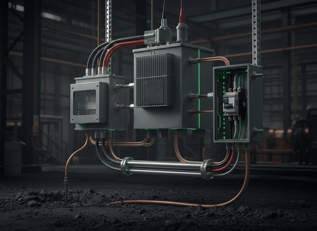 Commercial electrical distribution equipment showing transformer, bonded enclosures, grounding electrode, neutral and equipment grounding conductors, and protective device hardware.