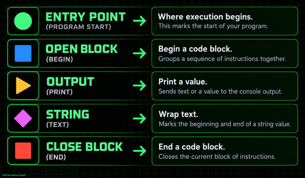 Dark neon-green infographic explaining entry point, block, output, string, and close-block roles in Emojicode