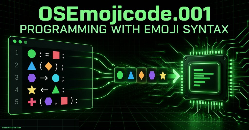 Dark neon-green technical cover showing symbolic code flowing into a processor for the Emojicode programming lesson