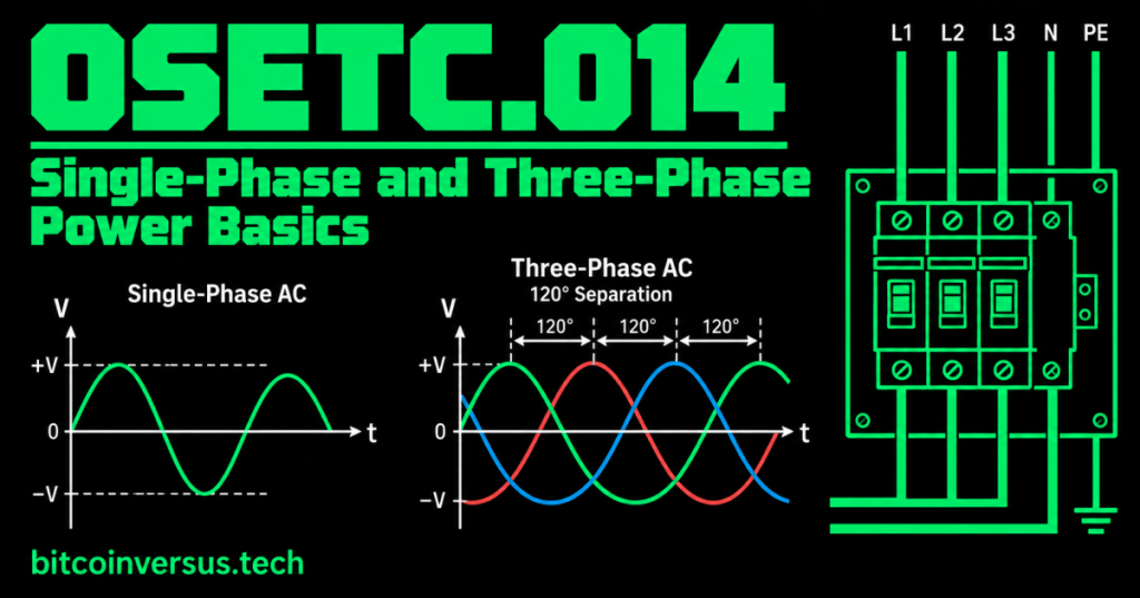 Black electrical lesson cover with solid neon-green OSETC.014 title, single-phase waveform, three-phase waveforms, and distribution diagram