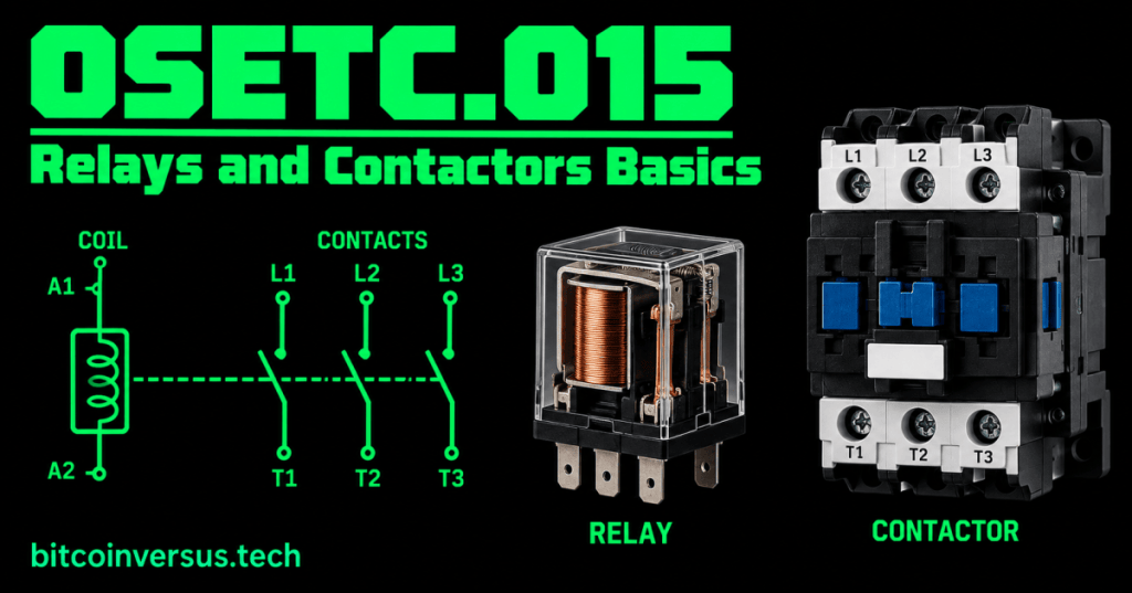 Black electrical lesson cover with solid neon-green OSETC.015 title, relay, contactor, coil and contacts diagram