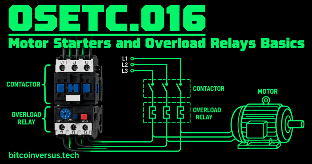 Black OSETC.016 lesson cover showing a motor starter, contactor, overload relay, three-phase schematic, and motor