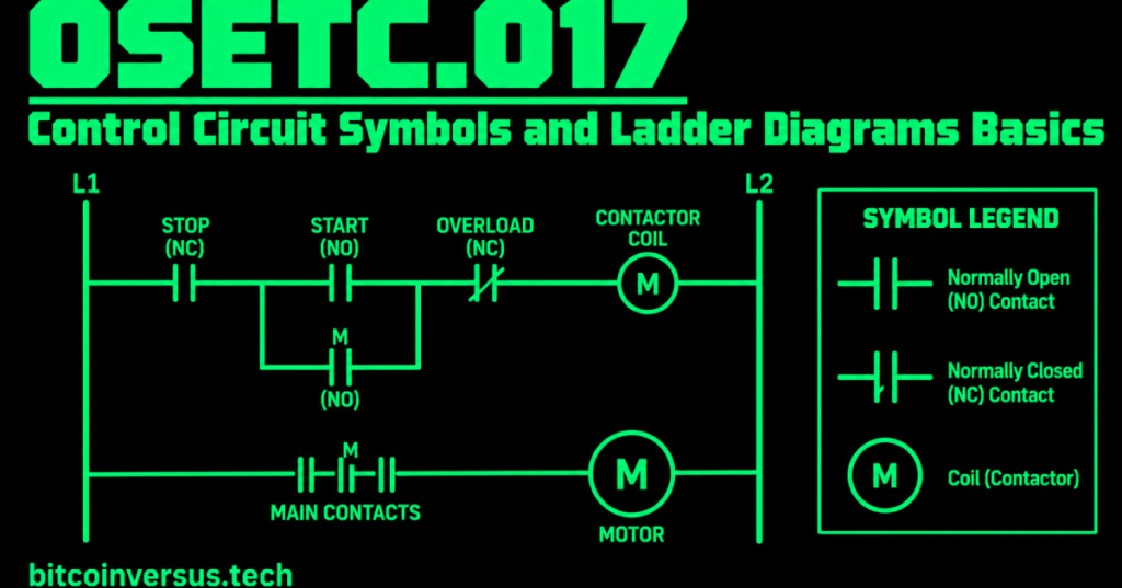 Black OSETC.017 cover with uniform neon-green ladder diagram, NO and NC contact symbols, coil, START STOP controls, overload and motor