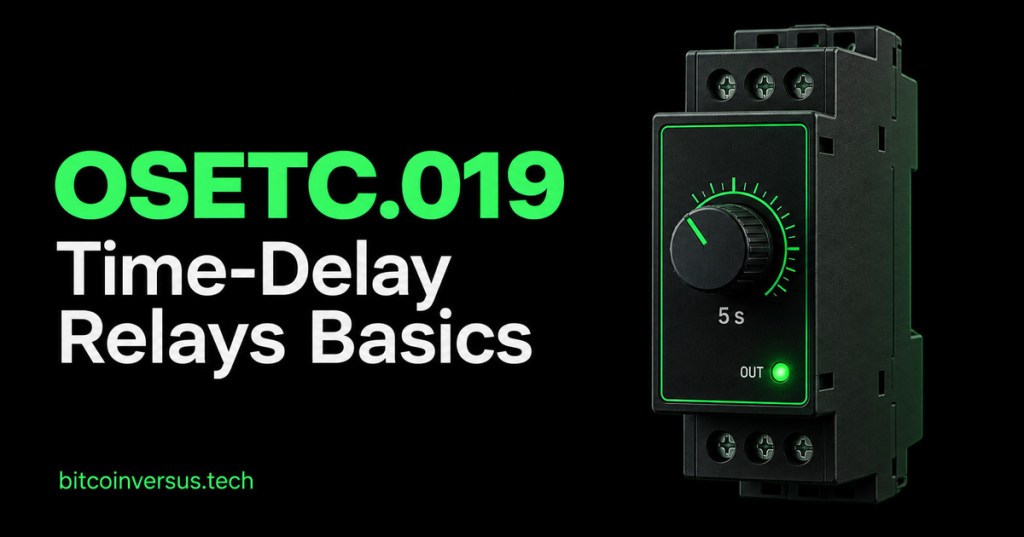 OSETC.019: Time-Delay Relays Basics. One industrial timer relay with a five-second setting, neon-green on black. bitcoinversus.tech at bottom left.