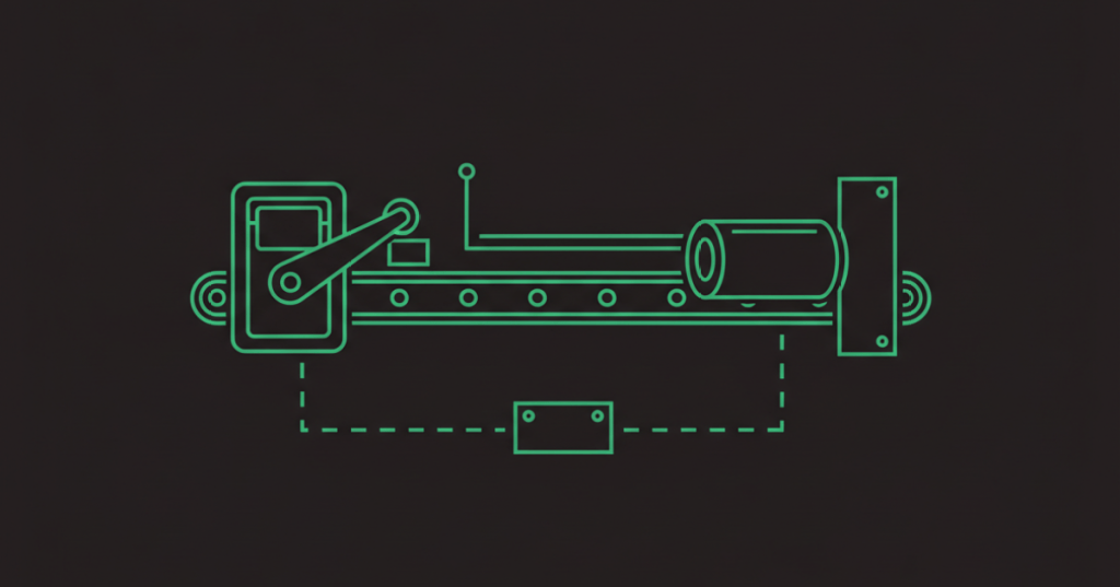 Minimal black and neon-green illustration of an industrial limit switch and proximity sensor used in automation.
