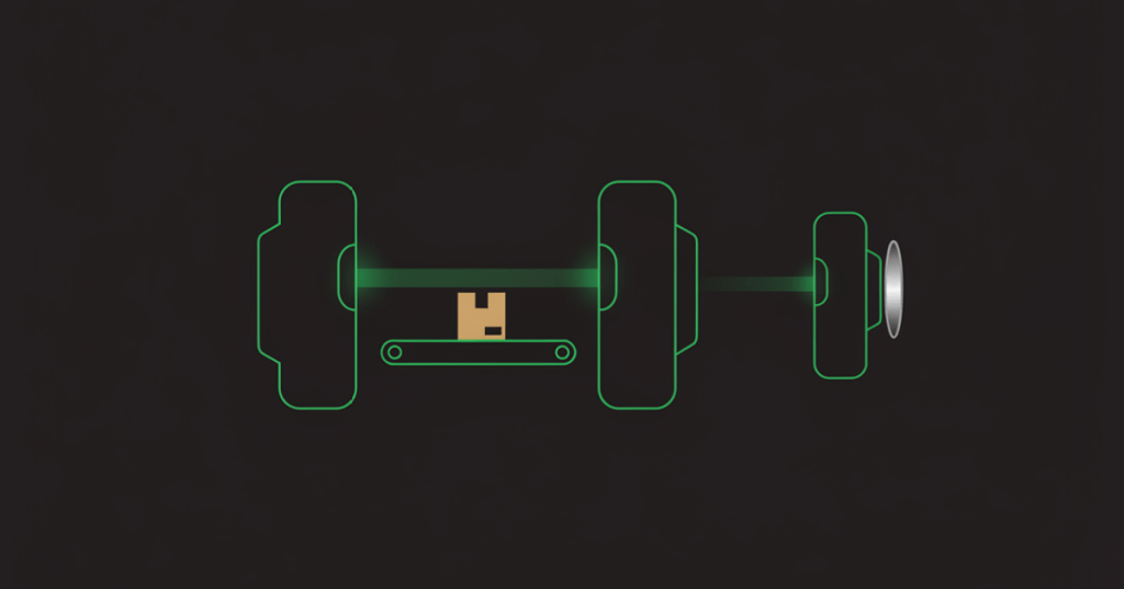 Black and neon-green industrial illustration of a photoelectric sensor detecting an object on a conveyor.