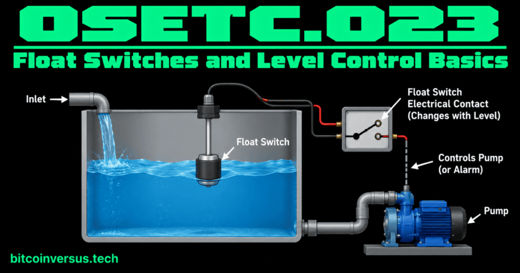 OSETC.023 cover showing a water tank, float switch, electrical contact, and pump to explain simple liquid level control
