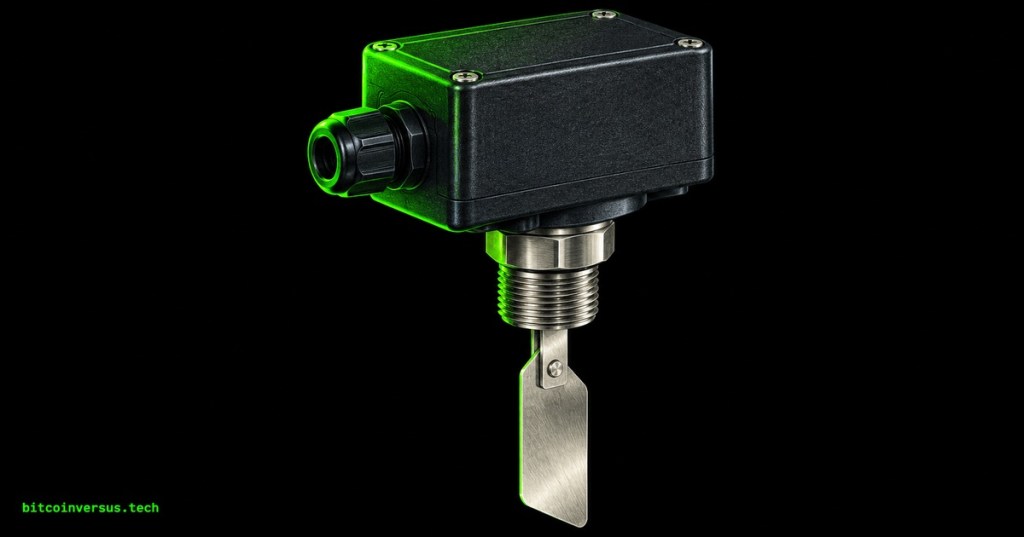 Industrial paddle flow switch with a threaded mounting stem and neon-green highlights on a black background.