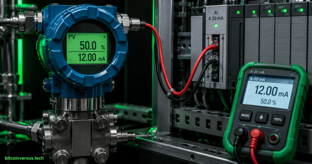 Industrial 4–20 mA transmitter, PLC analog input module, and process calibrator showing a 12 mA midpoint signal