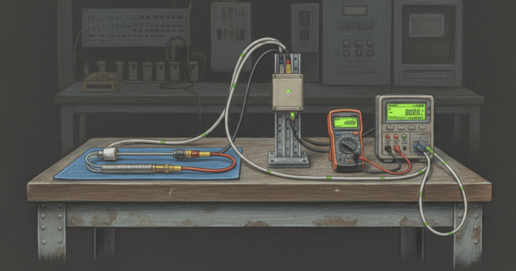 Colored-pencil illustration of RTD and thermocouple probes beside a temperature transmitter, multimeter, and process calibrator on an industrial workbench.